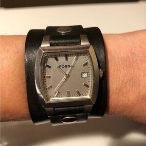 Fossil Silver Dial with Black Leather Strap Watch